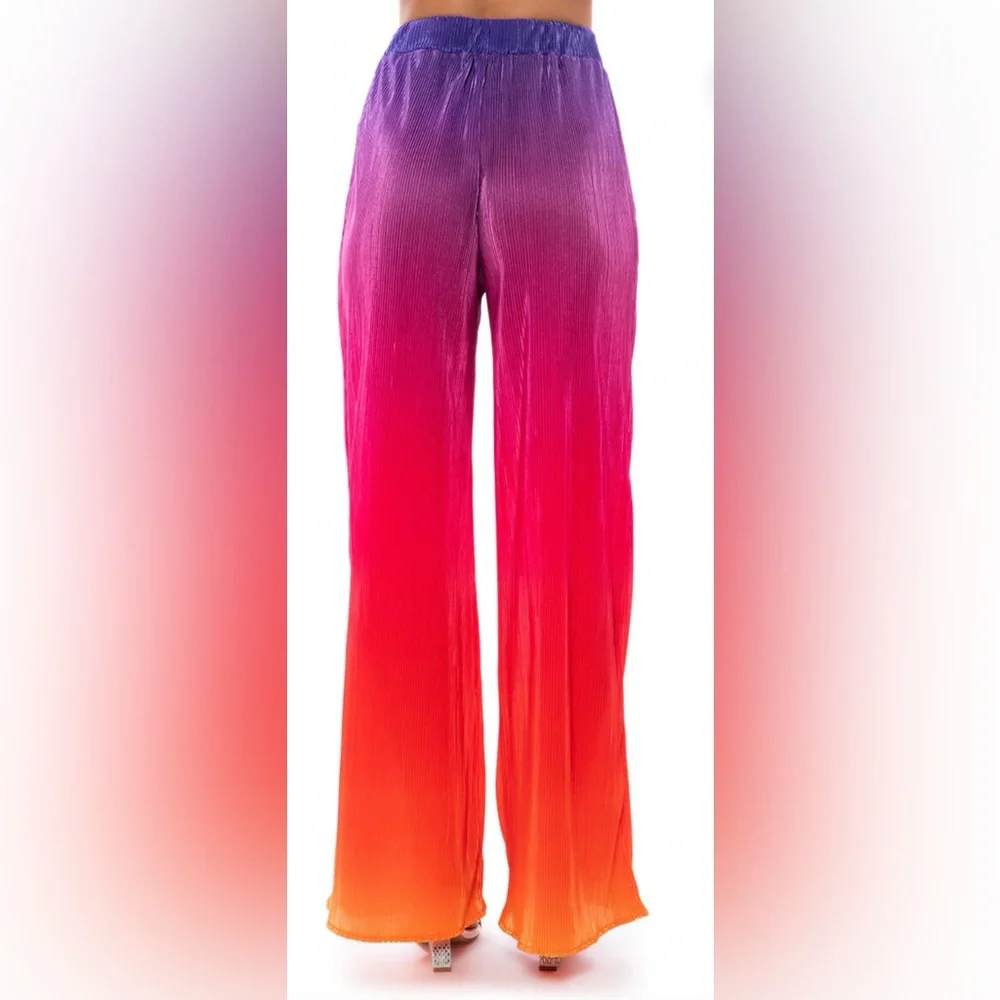 Ombré pleated wide leg pants. Smocked stretchy waist. Purple pink orange. M. NWT - Picture 1 of 7